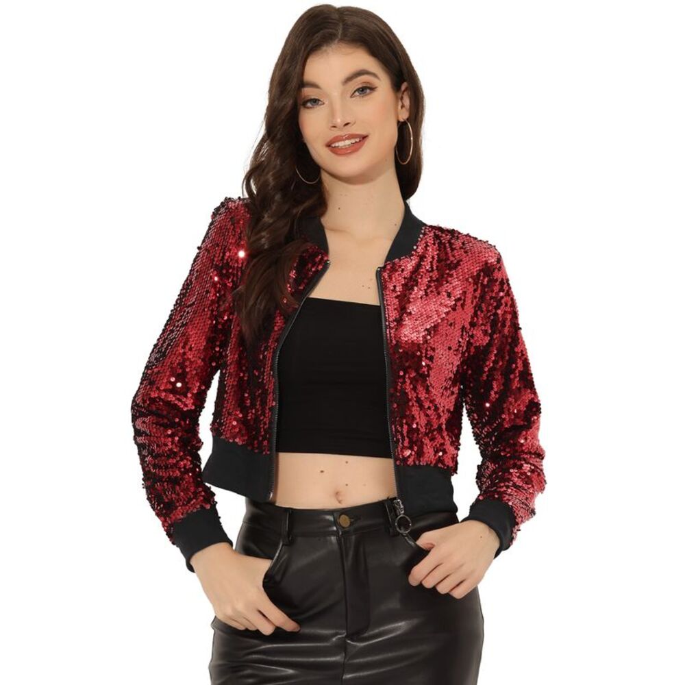Sparkly Glitter Jackets Zipper Front Crop Bomber Sequin Jacket Red-A